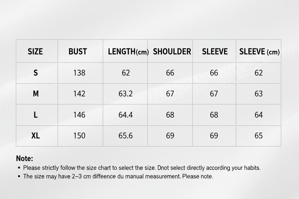S — 138 / 62 / 66 / 62
M — 142 / 63.2 / 67 / 63
L — 146 / 64.4 / 68 / 64
XL — 150 / 65.6 / 69 / 65
Note:
Please strictly follow the size chart to select the size. Do not select directly according to your habits.
The size may have 2–3 cm difference due to manual measurement. Please note.