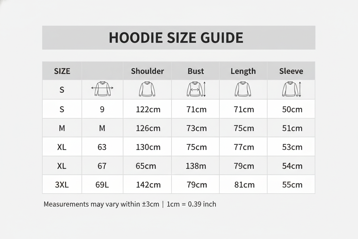 Size Table Hoodies
S: Shoulder:59cm Bust:122cm Length:71cm Sleeve:50cm
M: Shoulder:61cm Bust:126cm Length:73cm Sleeve:51cm
L: Shoulder:63cm Bust:130cm Length:75cm Sleeve:52cm
XL: Shoulder:65cm Bust:134cm Length:77cm Sleeve:53cm
2XL:Shoulder:67cm Bust:138cm Length:79cm Sleeve:54cm
3XL:Shoulder:69cm Bust:142cm Length:81cm Sleeve:55cm
Size mearsured by ourselves, sometimes has some errors, but always within 3cm." Please note 1 cm = 0.39 inch,1 inch = 2.54 cm. Please feel free to contact us when findi