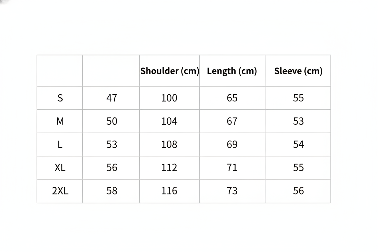 Size Table
S: Shoulder:47cm Bust:100cm Length:65cm Sleeve:55cm
M: Shoulder:50cm Bust:104cm Length:67cm Sleeve:53cm
L: Shoulder:53cm Bust:108cm Length:69cm Sleeve:54cm
XL: Shoulder:56cm Bust:112cm Length:71cm Sleeve:55cm
2XL: Shoulder:58cm Bust:116cm &n